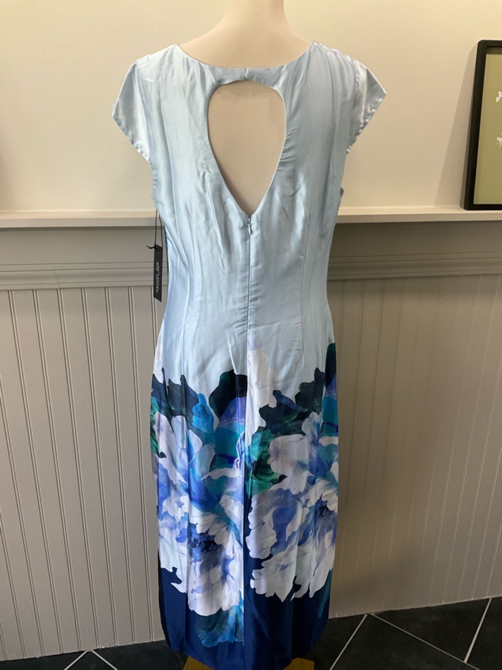 Rachel Zoe Satin Floral Midi Dress Blue Watercolor Cap Sleeve NWT Large - Picture 3 of 3